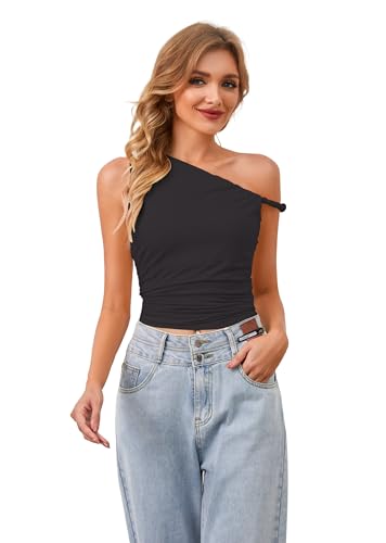 Ythomm Women One Shoulder Ruched Crop Tank Tops Casual Off The Shoulder Twist Strap Summer Tanks Tops Going Out Crop Shirts2