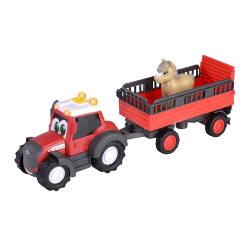 Dickie Toys ABC Massey Ferguson Tractor para niños a Partir de 1 año (30 cm) - Tractor de Granja con Remolque de Animales y Caballo, Juguete para Promover la motricidad con Partes móviles, luz y