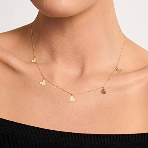 14K Solid Gold Heart Station Necklace For Women | 14K Real Gold Dangling Hearts Choker Necklace | Heart Pendant Necklaces | Dainty Station Jewelry For Women | Gift For Anniversary, Birthday, 18" #TOP1