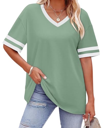 Image of WIHOLL Womens T Shirts Loose Fit Short Sleeve Tees V Neck Color Block Summer Tops 2026 Fashion S-4XL