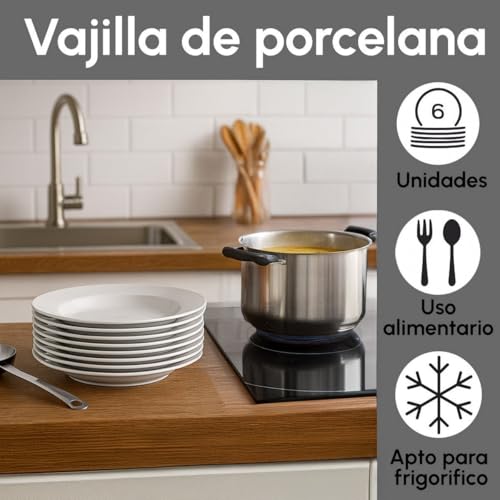 Miniatura 6 de Casaselección 12 Platos Hondos De Porcelana Blanca - Juego De 12, Diseño Redondo, 22 Cm, Aptos Para Lavavajillas Y Microondas, Color Blanco