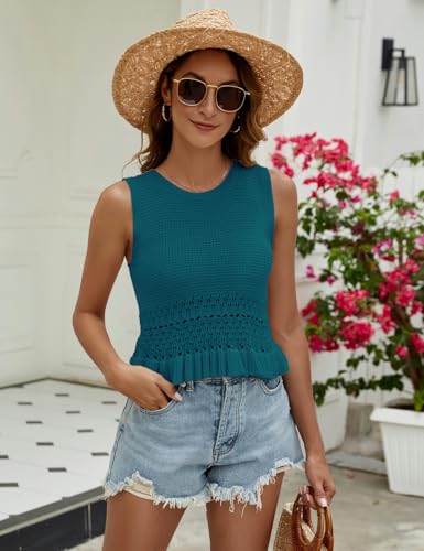 Image of CiCiBird Women Cute Crop Sweaters Vest Knit Sleeveless Pullover Tops Crochet Ruffle Hem Tank