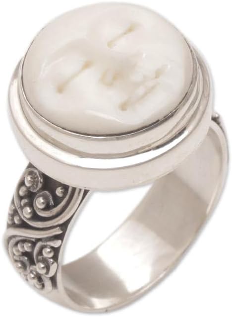 NOVICA Artisan Handmade .925 Sterling Silver Cocktail Ring Carved Bone Face Indonesia Moon 'Serene Repose'