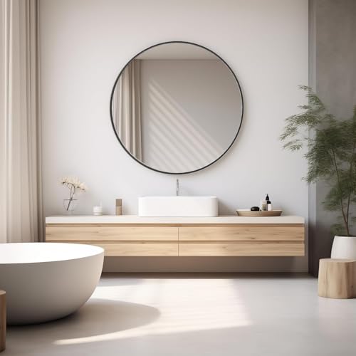 Image of Simple Deluxe 36 Inch Round Bathroom Mirror, Black Vanity Mirror with Metal Frame, Modern Circle for Bathroom, Entryway, Bedroom, Living Room, Wall Mounted Decorative Mirrors (Black)