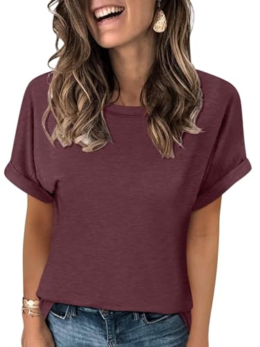 Image of TICTICMISS Women's T-Shirts Rolled Short Sleeve Shirts Crewneck Summer Tops Solid Loose Casual Tees Shirts, Deep Burgundy, S