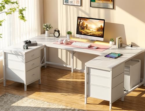 DurayLoly Computer White Desk with 6 Drawers & File Cabinets,67 U Shaped Gaming Corner Desk with Power Outlets & LED Lights,Home Office Desks Study Writing Table for Bedroom,Living Room