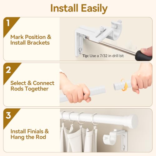 Image of YaFex Curtain Rods 32-170 Inch, Heavy Duty 1 Inch Adjustable Curtain Rod for Windows, White Extra Long Window Treatment Rods, Modern Design, Easy Installation