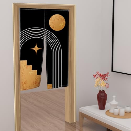 Leowefowa Japanese Mid Century Doorway Curtain Noren Boho Black Golden Arch Star Sun Abstract Curtains Long Type Door Tapestry Panel Bar Kitchen Bedroom Room Divider Home Decor 33.5"x 70.9"