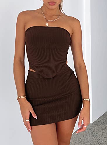Mirteron Womens Sets 2023 Sexy Club Knit Strapless Bustier Tops Pencil Bodycon Mini Skirts Two Pieces Sweater Outfits Sets Chocolate XS, Chocolate, XS