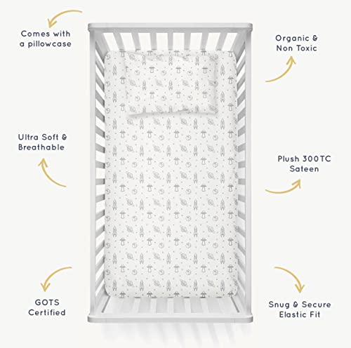 Makemake Organics Organic Crib Sheet Gots Certified Organic Cotton Crib Sheet Fitted & Pillowcase Buttery Soft Breathable Natural Dyes Baby Toddler Bed Sheet Set (Astronaut Blue) #TOP2
