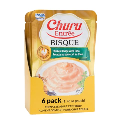 INABA Churu Entre Bisque for Cats Grain-Free High Moisture Prebiotic Wet Cat Food 1.76oz. per Pouch 6 Pouches Chicken with Tuna Recipe