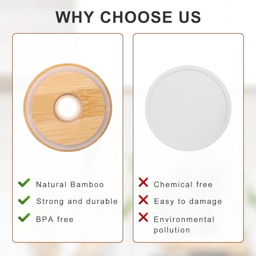 4 Pack Bamboo Lids for Glass Cups with Straw Hole, Reusable 2.75 in/70 mm Wooden Cup Lids Replacement with Straw, Airtight Can Lids for Mason Jar Regular Mouth Beer Glasses Drinking Jars 20 24 Oz Cups