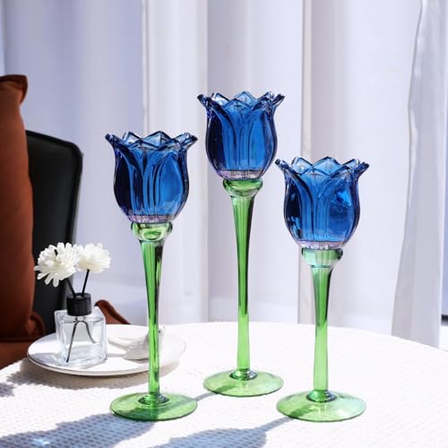 VOHO Blue Flower Tealight Candle Holder Set of 3, Tulip Candle Holder Decor by VOHO - Used condition - Image 3