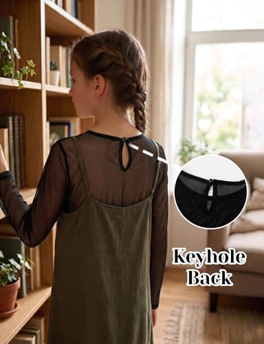 Image of Noomelfish Girls Lace Layering Tops Sheer Mesh Tee Shirts Blouse (5-12 Years)