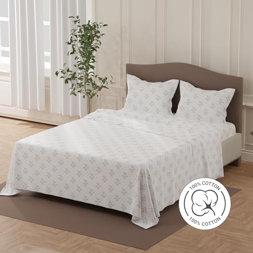 Image of Layers 100% Cotton Bedsheet for Double Size Bed | Lumina Floret Collection | 144 TC Soft & Breathable | Floral Print with 2 Pillow Covers | Wrinkle Free | 3 Piece Bedding Set - Blue & White