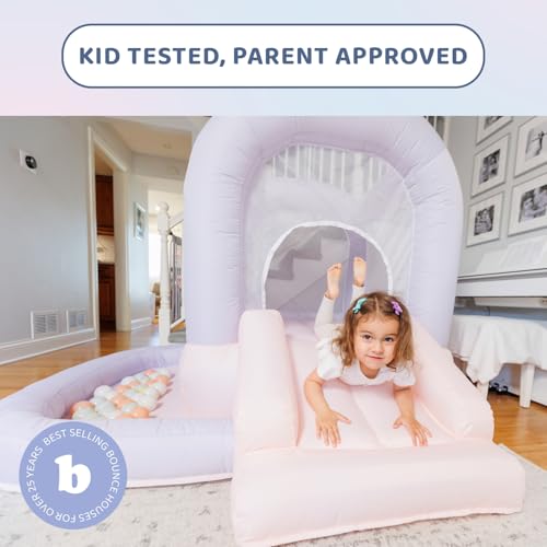 Bounceland Mini Bouncer Cotton Candy with Ball Pit, 6ft L x 6ft W x 4.6ft H inflated Size, UL Blower Included, Basketball Hoop, 30 Pastel Plastic Balls, Trendy Bouncer for Kids