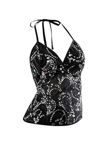 MakeMeChic Women's Fall Sequin Halter Top Backless Y2K Party Going