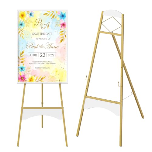 Image of CHOEZON Gold Easel Stand for Sign, Display Easel with 6 Adjustable Height Levels, Metal Art Easel, Poster Stand for Painting, Wedding Welcome Signs Holder, Gold and White TCJ26JW