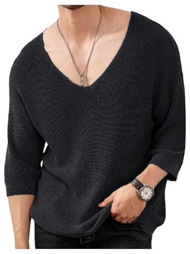 Verdusa Men's V Neck Drop Shoulder Lightweight Sweaters 3/4 Sleeve Knit Tops