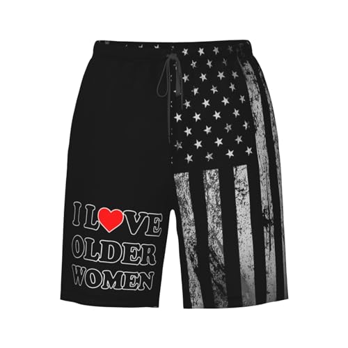 I Heart Love Older Women Swimming Trunks with Liner, Quick Dry Beach Shorts Funny Mens Small Swim Trunks - L Black