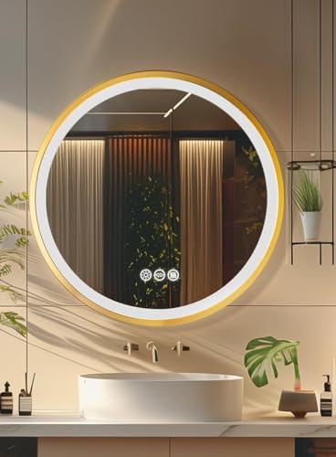 LUVODI Bathroom Mirror with LED Light: 80cm Round Illuminated Wall Mirror with Aluminum Alloy Gold Frame Touch Switch Anti-fog 3 Changeable Lighting Color, Memory Function