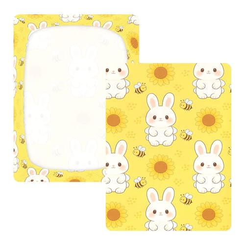 Draps de berceau en coton doux extensible jaune motif lapin