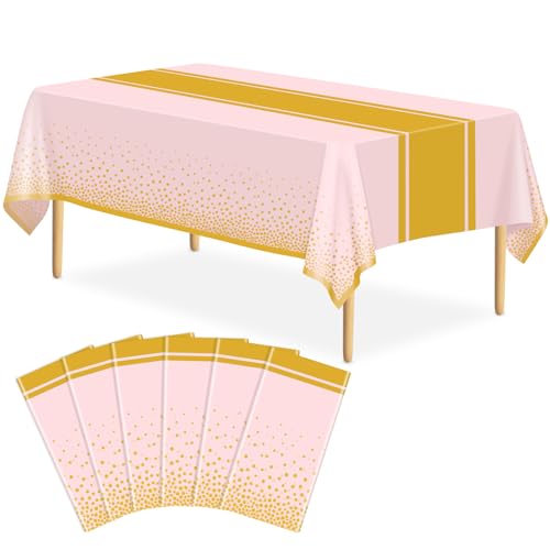 Image of 6 Pack Pink and Gold Tablecloth Party Decorations Plastic Pink Tablecloth Printed Gold Table Runner 54 x108 Inch Disposable Rectangle Table Cover for Birthday Wedding Graduation