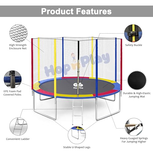 Image of Hop N Play 12FT Rainbow Trampoline for Kids & Adults | Heavy Duty, 200kg Capacity, Safety Net, Ladder, Indoor /Outdoor Fitness Bouncer for Family Fun & Exercise