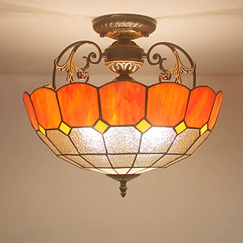 Lustre suspendu en vitrail orange 30 cm aux reflets ambrés chaleureux