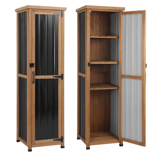 Image of 62 inch H Tall Narrow Outdoor Storage Cabinet with Metal Top, Outdoor Shed Storage Unit Waterproof with Adjustable Shelves for Garden, Patio, Living Room, or Entryway Storage, Black