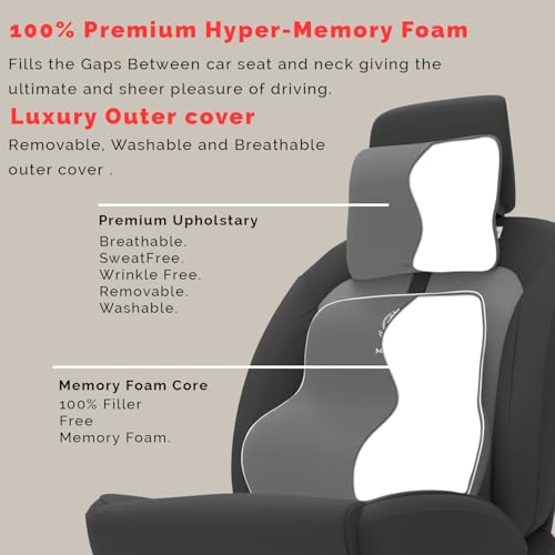 Image of MRRON Series Memory Foam Neck Rest & Extra Lumbar, Relief Pillow, 100% Soft Memory Foam Pillow, Adjustable Strap, Cervical Support for Car Seat. (Grey, Long Back)
