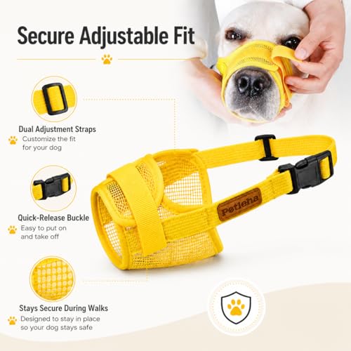Image of Dog Muzzle, Breathable Mesh for Grooming & Nail Care, Yellow, S | Adjustable head and snout straps, quick-release buckle, soft padded edges