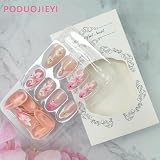 Auroriel 24 sztuki migdałów, średnie paznokcie 3D, kwiaty, różowe, panterka, francuska końcówka, złote perły, błyszczące, pełne pokrycie, sztuczne paznokcie wielokrotnego użytku, akrylowe, sztuczne