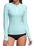 ATTRACO Swim Shirt UV Protection 50 UPF Long Sleeve Standard Rash Guard Top Zip Front Light Green Small