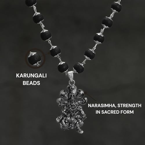 Image of Japam Silver Karungali Necklace with Lord Narasimha Pendant | Black Wood Spiritual Mala for Men | Puja & Meditation | Certificate of Authenticity