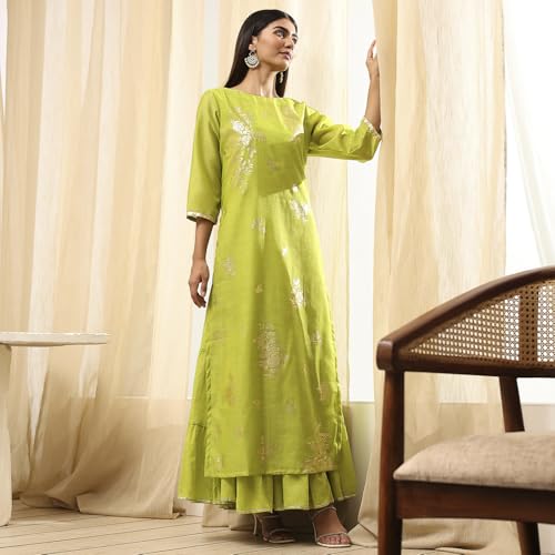 Image of Biba Women's Poly Chanderi 3 /4 Sleeves Calf Length Round Neck A-Line Casual Dress