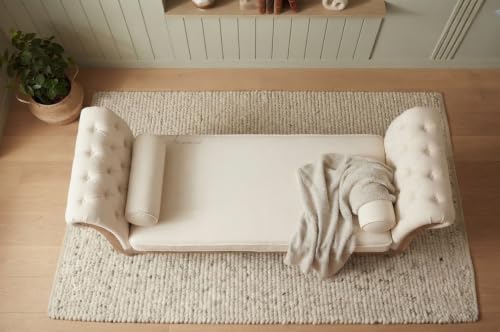 Image of Victorian Style Chaise Lounge, Tufted Cream Upholstery, Mahogany Wood Frame, Classic Living Room Furniture (Off White)