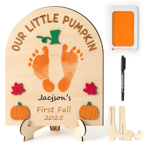Image of R HORSE Baby's First Fall Footprint or Handprint Art Sign Craft, Our Little Pumpkin DIY Wooden Hanging Decoration, Newborn Keepsake Gift for Baby First Fall Autumn Thanksgiving Baby Shower Photo Prop