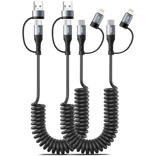 60W Coiled USB C Cable Fast Charging,2Pack 4 in 1 Charging Cable 4FT Retractable Car Charger Cord...