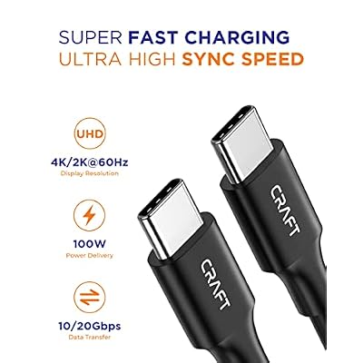 CRAFT 6.5FT USB C Charger Cable | 3.2 USB C to USB C Data Cable with 20Gbps Speed | 100W Fast Charger and High Speed USB C Cable with E-Marker IC Chip, for Phones, Laptops, Cameras, Monitors, Black