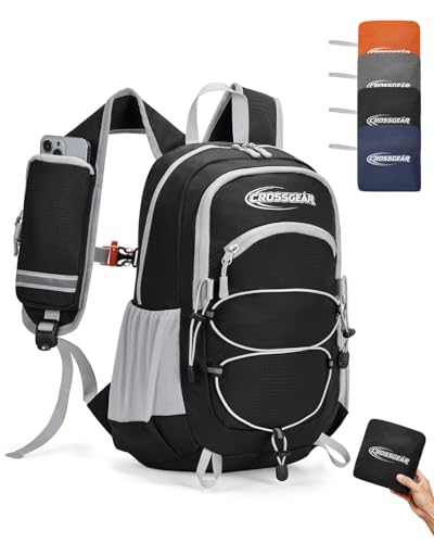 CROSSGEAR Mochila de caminhada de 24 L, leve, dobrável, embalável, com bolso RFID, vários bolsos, mochila de viagem pequena de nylon, resistente à água para viagens, acampamento, ar livre, preta