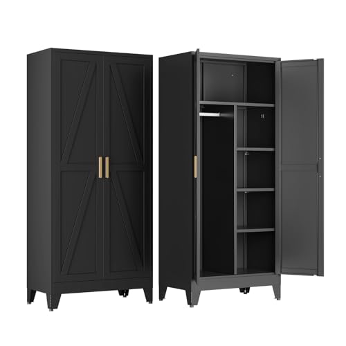 COFaR Wardrobe Closet with Doors Metal Bedroom Armoire with Adjustable Hanging Rod and Shelves Farmhouse Broom Closet Storage Cabinet for Garage Laundry Office 70.87 H x 31.5 W x 17.72 D Black
