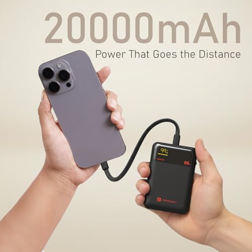 Image of Portronics 65W Ignis 65 20000mAh Fast Charging Powerbank with in-Built Type C Cable for Android Smartphones, iPhones, ipads, Tablets & Macbooks, Type C PD Port, LED Display, Strong Lanyard (Black)