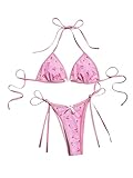 SOLY HUX Women's Swimsuit Cherry Print Halter Triangle Tie Side Bikini Sets Two Piece Bathing Suits Pink Plaid Small