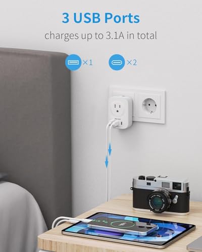 European Travel Plug Adapter, International Power Adapter for Germany/France, Travel Adapter with 3 USB Ports (2 USB C), Plug Adapter for European Travel, Adapt to Icaland/South Korea/Greece4