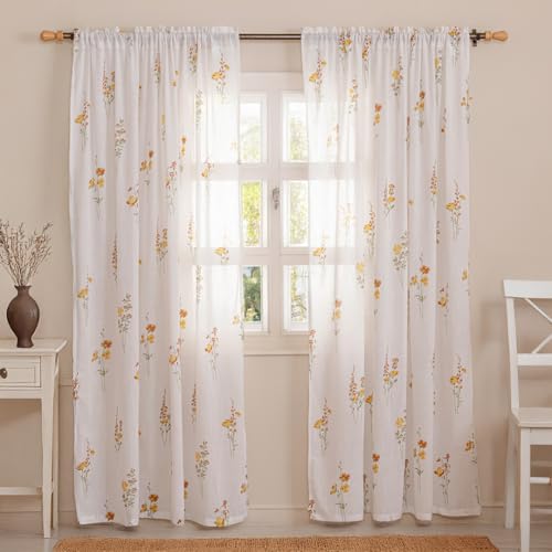 Image of HOMEMONDE Cotton Curtains for Window - Transparent Sun Light Filtering Sheer 6 Feet Curtain, Rod Pocket Top Style Pack of 2 - (Opulent Bloom, 72 Inch)