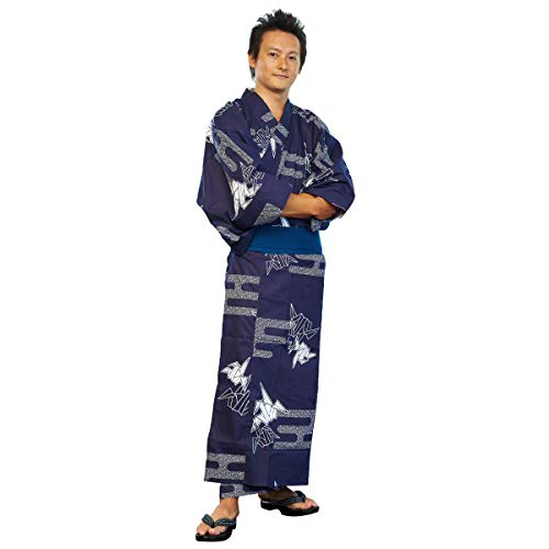 YUKATA men with wide sash belt. made in Japan. japanese robe for men Midori Yukata Kimono ”Navy Paper Crane/紺折鶴”
