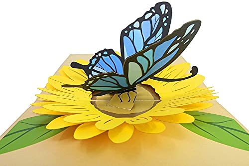 Poplife Blue Butterfly And Sunflower Pop Up Mother's Day Card - 3D Anniversary, Valentine's Day Card, Thank You, Happy Birthday - For Mom, For Wife, For Daughter, For Sister #TOP1