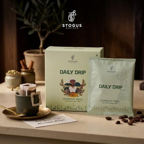 Image of STOGUS Coffee | Monsoon Magic | Pour Over Drip Bags | 100% Arabica Beans | Pack of 5 (11g x 5) | Dark Roast | Dark Chocolate, Toasted Hazelnut, Cinnamon