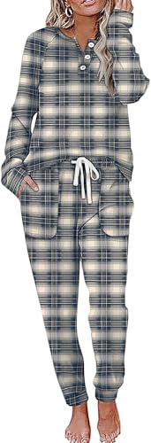 WIHOLL 2 Piece Sets For Women Lounge Wear Matching Sets Clothing Fall Travel Outfits Fashion Clothes Petite Pajama Set Beige Black Plaid S